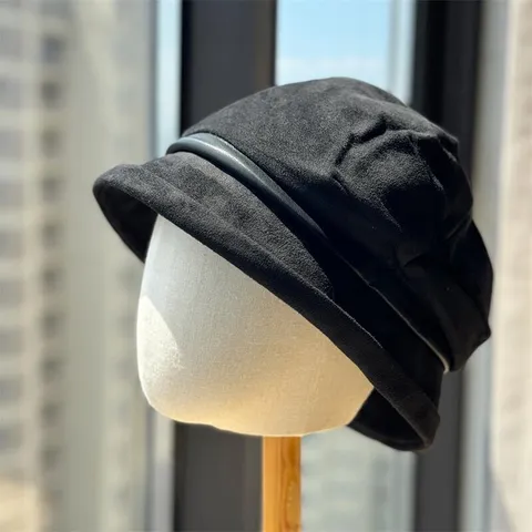 British Retro Pleated Suede Bucket Hat Women Wide Brim Face Slimming Autumn Winter Warm Basin Hat Fashion Versatile Adjustable Cap