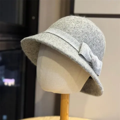 French Retro Wool Blend Felt Bucket Hat For Women Autumn Winter Solid Color Warm Elegant Cloche Hat With Bowknot Pompom Decor
