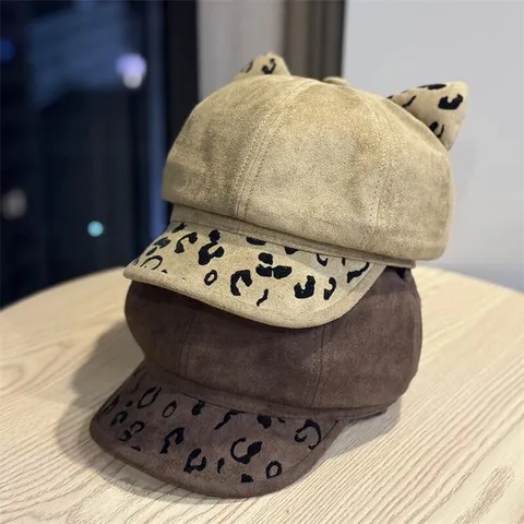 Damen Vintage Wildlederimitat Ballonmütze Katzenohren Leopardenmuster Schiebermütze Herbst Winter Warm Verstellbare Mode Baskenmütze