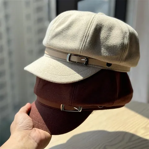 British Vintage Newsboy Hat For Women Autumn Winter Warm Woolen Octagonal Cap Fashion Baker Boy Beret With Metal Buckle Accessory