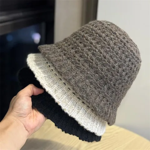 Sombrero de Pescador de Punto Simple para Mujer Calado Hilo de Lana de Ganchillo Sombrero de Lavabo de Cubo de Agua Moda Suave Plegable Invierno Cálido