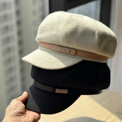 Vintage Woolen Newsboy Cap For Women Autumn Winter Baker Boy Hat With Leather Belt Buckle Metal Plate Retro Beret Painter Hat