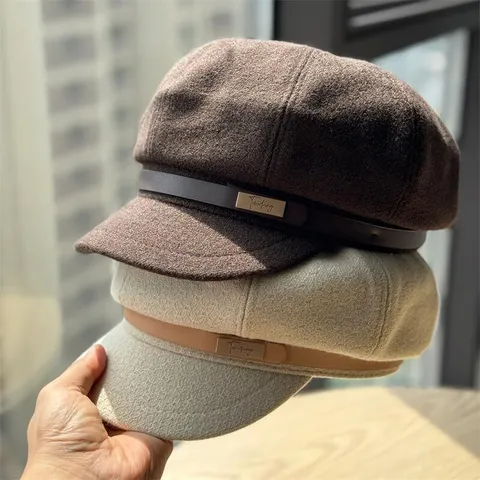 Vintage Woolen Newsboy Cap For Women Autumn Winter Baker Boy Hat With Leather Belt Buckle Metal Plate Retro Beret Painter Hat