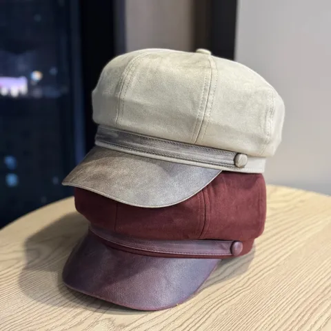 Retro Suede Leather Newsboy Cap Gynaikeio Fthinoporo Cheimonas Contrast Color Octagonal Hat Adjustable Fashion Beret