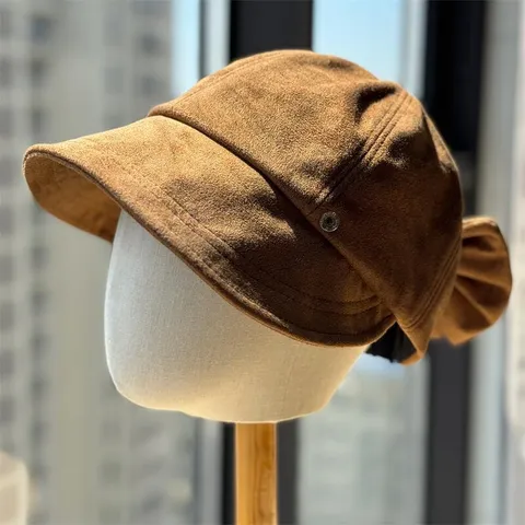 Retro Faux Suede Newsboy Cap For Women Vintage Pleated Bowknot Adjustable Painter Hat Fashion Octagonal Beret Hat