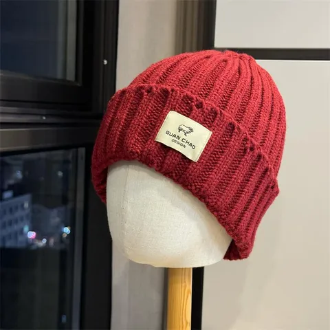 Unisex Winter Warm Double Layer Knitted Beanie Hat Cute Sheep Patch Solid Color Cold Hat