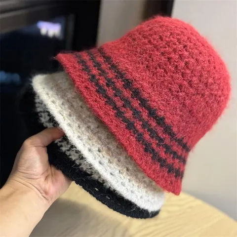 Cappello a Secchiello in Maglia a Righe da Donna Morbido Caldo Berretto da Pescatore in Maglia Pieghevole Moda Autunno Inverno
