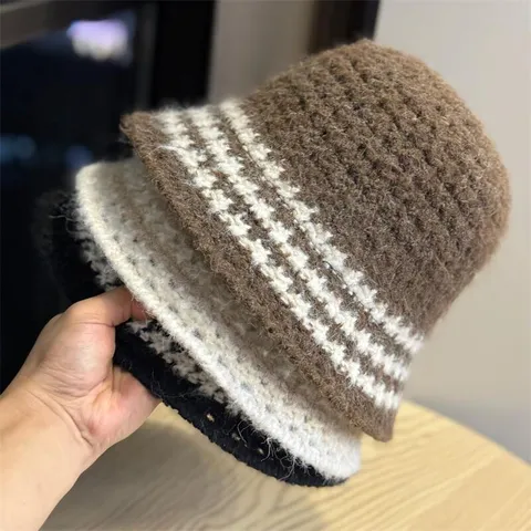 Cappello a Secchiello in Maglia a Righe da Donna Morbido Caldo Berretto da Pescatore in Maglia Pieghevole Moda Autunno Inverno