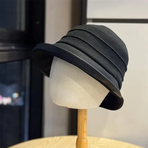 Women Foldable Bucket Hat Casual Pleated Winter Warm Sun Hat Leather Trim Solid Color Fisherman Hat