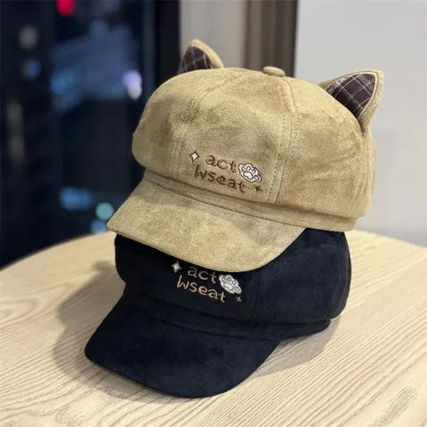 Women's Cute Cat Ear Beret Hat Fashion Faux Suede Newsboy Cap Winter Warm Windproof Casual Painter Hat With Embroidery