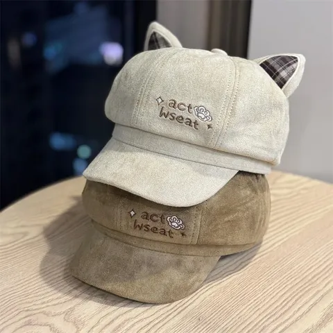 Women's Cute Cat Ear Beret Hat Fashion Faux Suede Newsboy Cap Winter Warm Windproof Casual Painter Hat With Embroidery