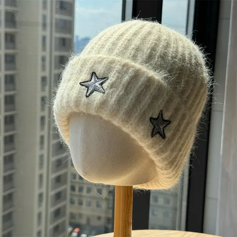 Unisex Winter Warm Knit Beanie Hat Korean Style Star Embroidery Soft Stretchy Casual Cuff Skull Cap For Men Women