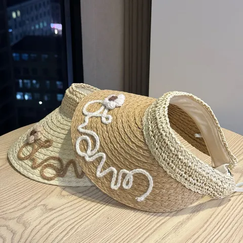 Damen Handgemacht Gewebt Stroh Leerkappenhut Faltbar Floral Buchstabe Sonnenschutz Strand Urlaub Sommer Sonnenblende