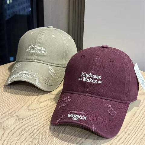 Unisex Washed Cotton Baseball Cap Distressed Ripped Letter Embroidery Adjustable Casual Sun Protection Dad Hat