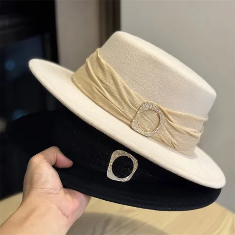 Vintage British Style Woolen Bucket Hat Elegant Ladies Flat Top Felt Hat With Pleated Ribbon Rhinestone Decor