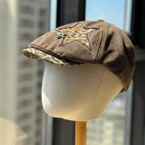 American Retro Leopard Print Star Patchwork Ivy Cap Women Spring Autumn Casual Visor Beret Adjustable Flat Cap