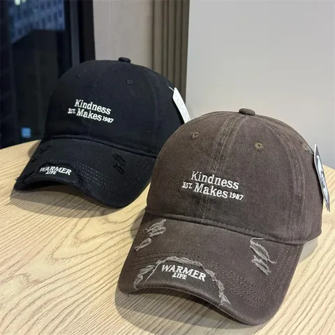 Unisex Washed Cotton Baseball Cap Distressed Ripped Letter Embroidery Adjustable Casual Sun Protection Dad Hat