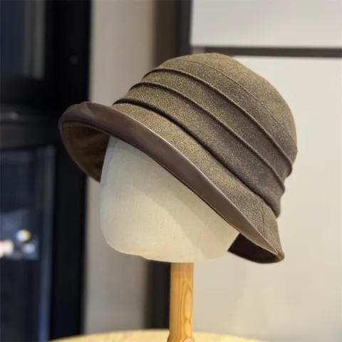 Women Foldable Bucket Hat Casual Pleated Winter Warm Sun Hat Leather Trim Solid Color Fisherman Hat