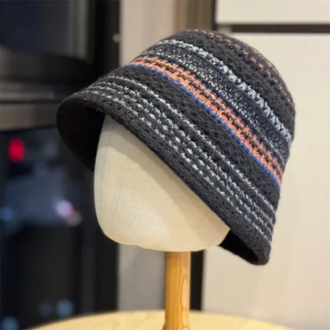 Sombrero de Pescador de Punto para Mujer Bloque de Color Rayas Ala Ancha Protección Solar Plegable Gorro de Invierno