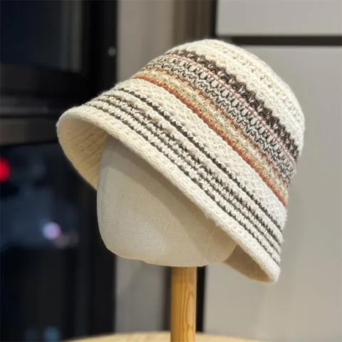 Sombrero de Pescador de Punto para Mujer Bloque de Color Rayas Ala Ancha Protección Solar Plegable Gorro de Invierno