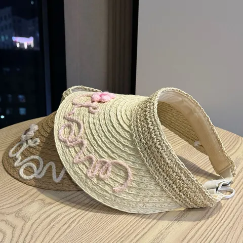 Damen Handgemacht Gewebt Stroh Leerkappenhut Faltbar Floral Buchstabe Sonnenschutz Strand Urlaub Sommer Sonnenblende