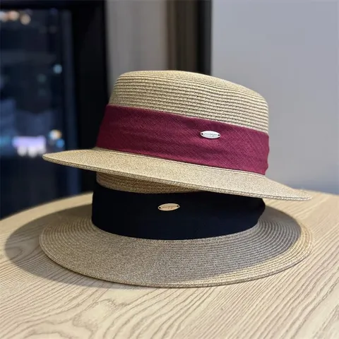 Women Straw Hat Flat Top Boater Hat Summer Beach Sun Protection Casual Fashion Woven Hat Outdoor Travel Hat