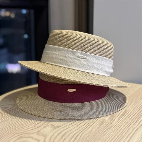 Women Straw Hat Flat Top Boater Hat Summer Beach Sun Protection Casual Fashion Woven Hat Outdoor Travel Hat
