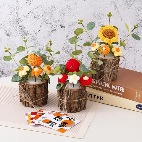 Handmade Knitted Crochet Flower Potted Plant Simulation Fruit Desktop Ornament Home Decor Gift