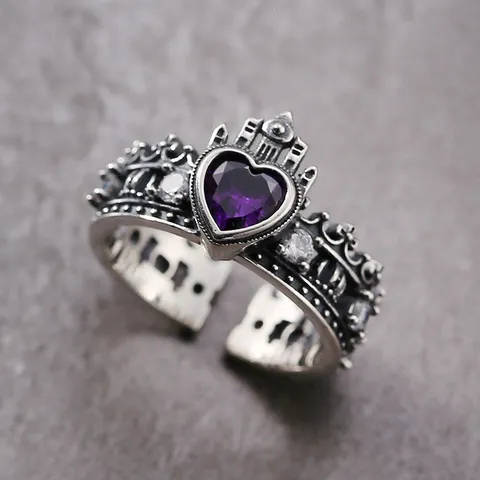 Vintage Crown Heart Rhinestone Ring And Bracelet Adjustable Open Metal Fashion Jewelry Gift For Women