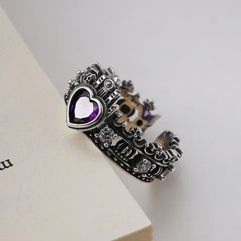 Vintage Crown Heart Rhinestone Ring And Bracelet Adjustable Open Metal Fashion Jewelry Gift For Women