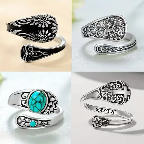 Vintage Verzilverd Legering Open Ring Voor Vrouwen Retro Bloemen Kruis Boom Zonnebloem Libel Vlinder Sieraden