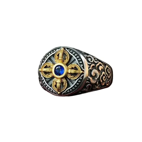 Retro Tibetaans Vajra Kruis Heren Brede Ring Antiek Zilver Verguld Blauwe Steen Open Verstelbare Vingerring Sieraden