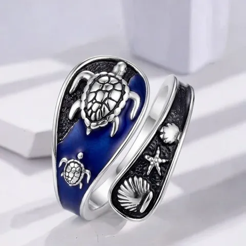 Vintage Boheemse Zinklegierung Schildpad Open Ring Blauw Groen Druppelolie Oceaan Dier Mode Sieraden Vingerring Cadeau