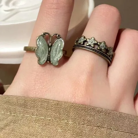 Vintage Retro Butterfly Blume Open Ring Set Legierung Antike Bronze Emaille Mode Schmuck Damen Geschenk