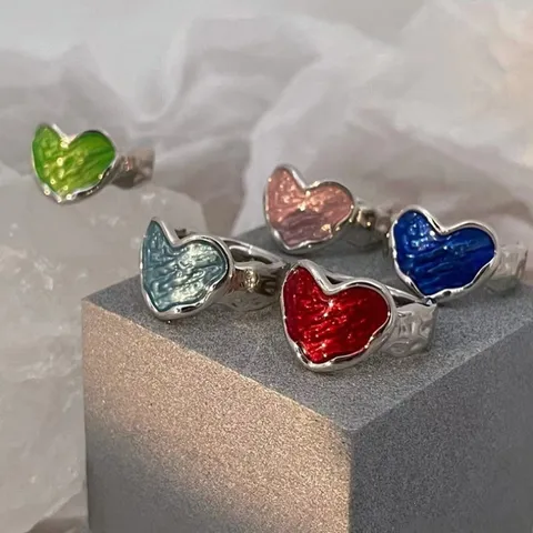 Zoete Stijl Zinklegering Hart Ring Open Verstelbaar Kleurrijke Druppelolie Textuur Vrouwen Mode Sieraden