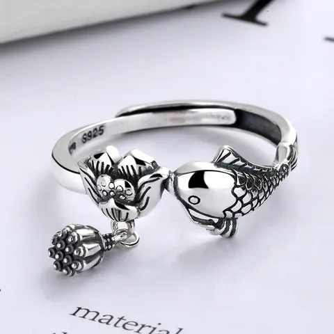Vintage 925 Sterling Silver Lotus Seedpod Koi Fish Open Ring Retro Lucky Fish Adjustable Finger Ring Jewelry Gift