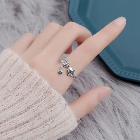 Vintage 925 Sterling Silver Lotus Seedpod Koi Fish Open Ring Retro Lucky Fish Adjustable Finger Ring Jewelry Gift