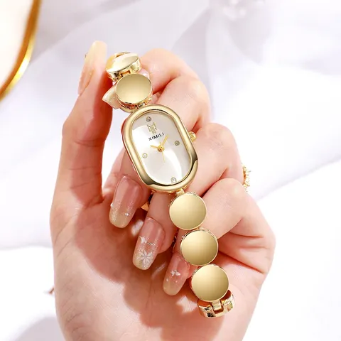 Montre à Quartz pour Femmes Luxe Minimaliste Cadran Ovale Bracelet Chaîne Métal Montre-Bracelet Casual Élégante Montre Femme Cadeau