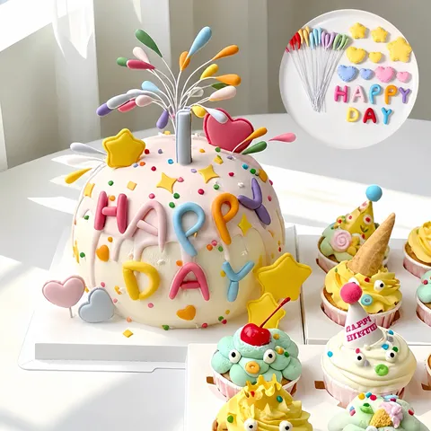 Decorazione per Torta Dopamina Lettere Felici Colorate Festa di Compleanno per Bambini Cioccolato Fuochi d'Artificio Stella Toppers Dolce