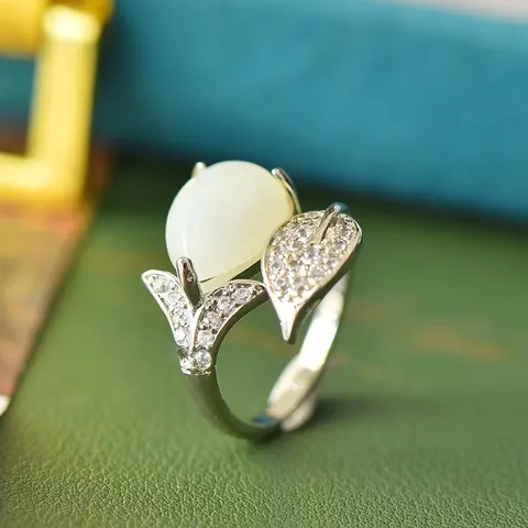 Vintage Retro Blad Vorm Open Ring Legering Strass Imitatie Jade Ringen Voor Vrouwen Mode Vinger Sieraden Cadeau