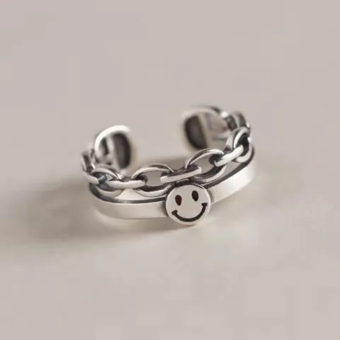 Vintage Antiek Zilver Open Ring Smiley Gezicht Ketting Ring Verstelbare Mode Sieraden Vingerring Cadeau Voor Vrouwen Mannen