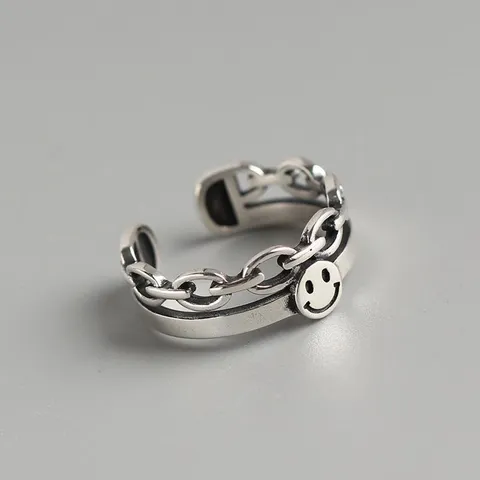 Vintage Antiek Zilver Open Ring Smiley Gezicht Ketting Ring Verstelbare Mode Sieraden Vingerring Cadeau Voor Vrouwen Mannen