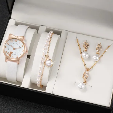 Süß Katzenohren Quarzuhr Set Mit Kunstlederband Passendem Strass Künstliche Perle Armband Halskette Schmuck Geschenkset Für Damen