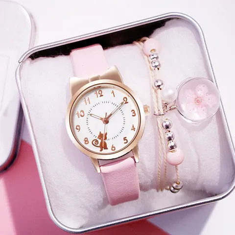 Süß Katzenohren Quarzuhr Set Mit Kunstlederband Passendem Strass Künstliche Perle Armband Halskette Schmuck Geschenkset Für Damen