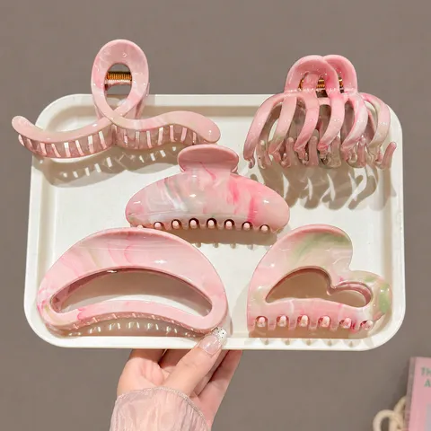 Sweet Peach Pink Inked Crescent Hair Claw Clip Resin Marbled Hollow Shark Clip For Women Elegant Hair Styling Accessories For Daily Dating