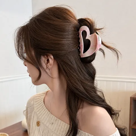 Sweet Peach Pink Inked Crescent Hair Claw Clip Resin Marbled Hollow Shark Clip For Women Elegant Hair Styling Accessories For Daily Dating