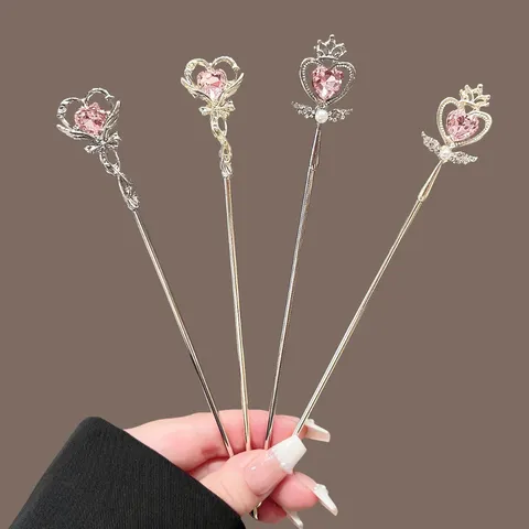 Japanese Cute Magic Wand Hair Stick Alloy Pink Rhinestone Heart Crown Wings Hairpin For Women Girly Hair Accessories