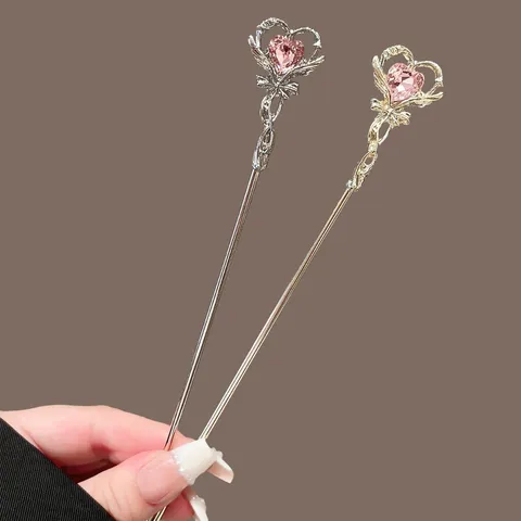 Japanese Cute Magic Wand Hair Stick Alloy Pink Rhinestone Heart Crown Wings Hairpin For Women Girly Hair Accessories
