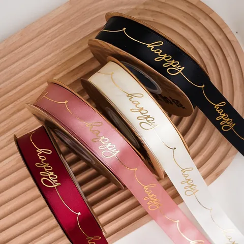 Cinta de Satén Inglesa Happy Estampada en Oro para Decoración de Pastel de Cumpleaños Embalaje de Caja de Regalo y Envoltura de Ramo