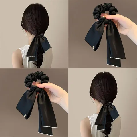 French Elegant Satin Fabric Hair Scrunchie With Long Ribbon Bowknot Artificial Pearl Edge Decoration Headband Hair Ties For Women